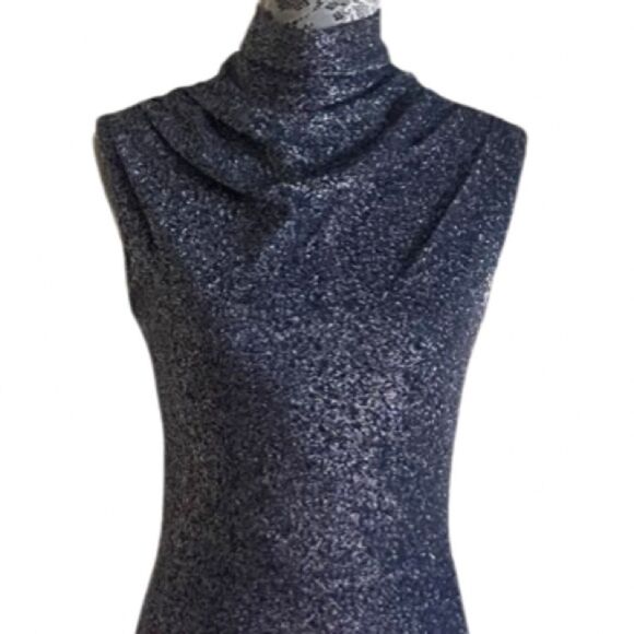 Vintage 1970s Sparkly Draped Mock Neck Maxi Dress Navy Blue - Picture 5 of 10